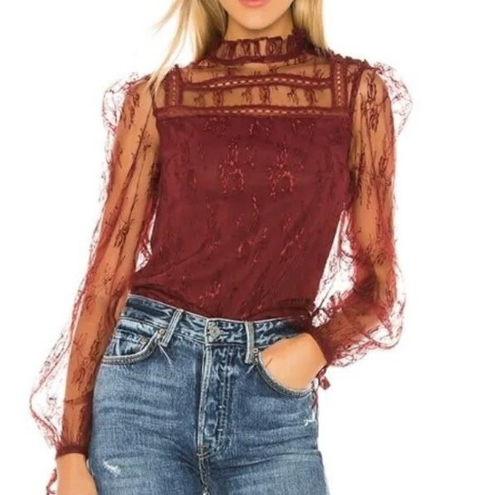 Tularosa Sheer Lace Top M Romantic Victorian Coquette Whimsigoth Ruffle Burgundy